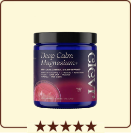 A blue jar of Deep Calm Magnesium+ supplement with a five-star rating displayed below it.