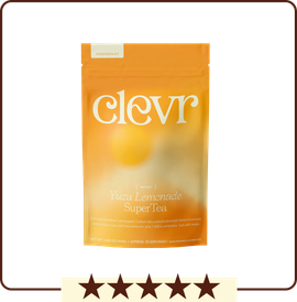 Orange packet of Clevr Yuzu Lemonade SuperTea with five-star rating below.