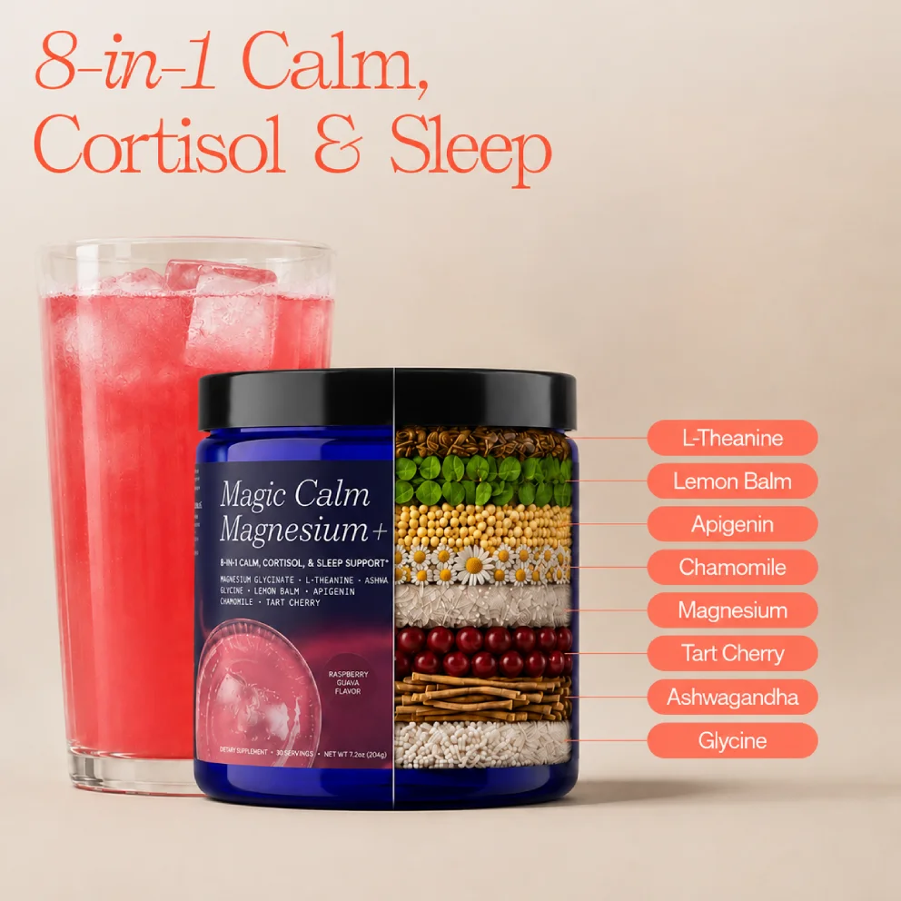 Magic Calm Magnesium+ jar with layered ingredients and a pink drink, labeled for calm, cortisol, and sleep support.