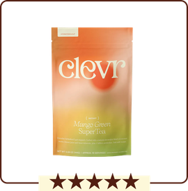 A colorful package labeled 'clevr Mango Green SuperTea' with a five-star rating below.