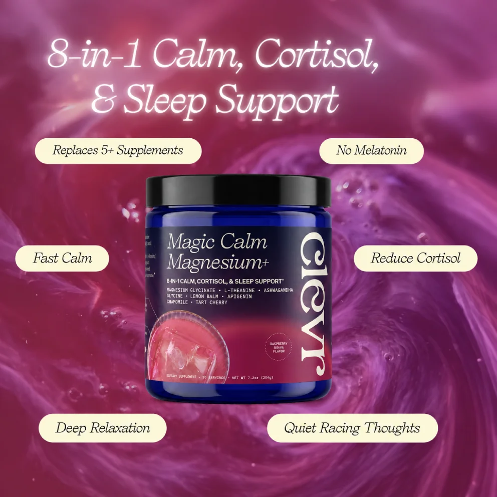 Magic Calm Magnesium+ jar on a swirling purple background, highlighting benefits like fast calm, cortisol reduction, and relaxation.
