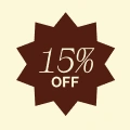 A brown starburst graphic with the text '15% OFF' written inside.