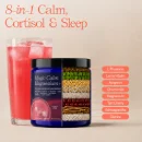 Magic Calm Magnesium+ jar with layered ingredients and a pink drink, labeled for calm, cortisol, and sleep support.