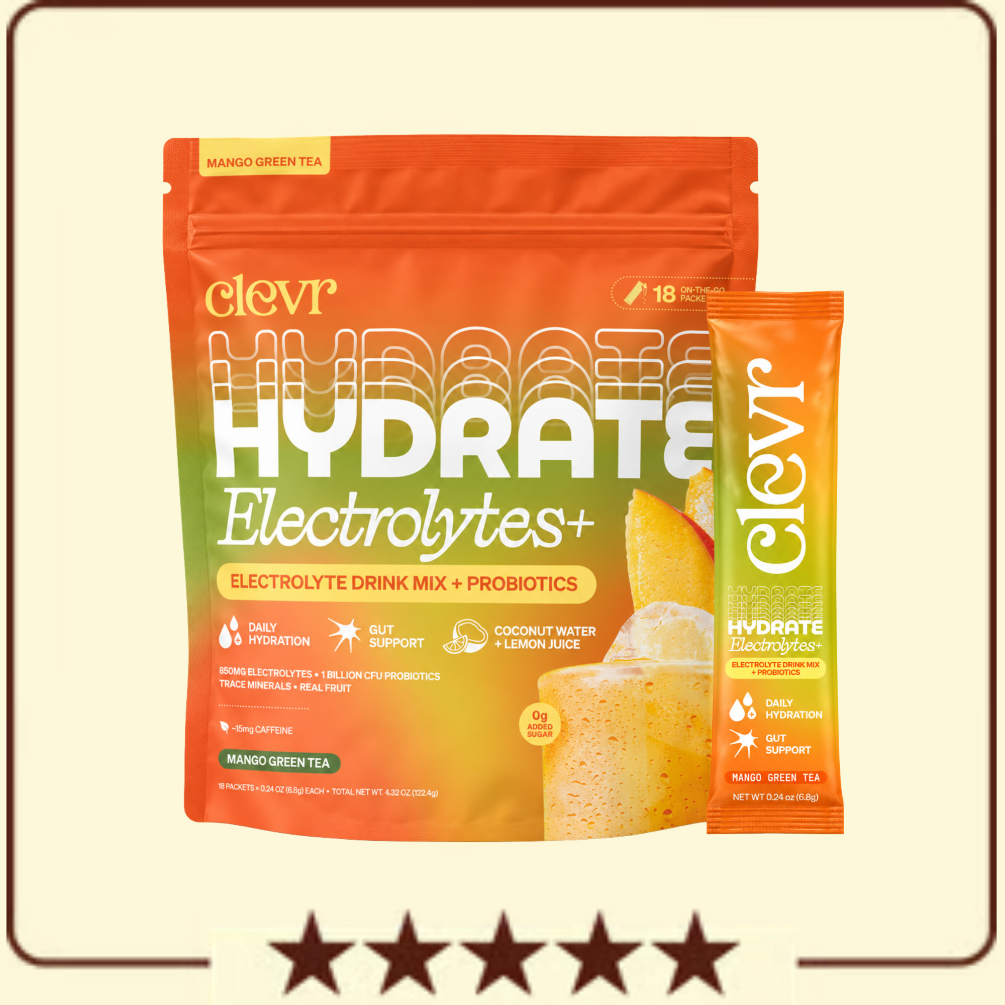 A bag and single-serving packet of Clevr Hydrate Electrolytes+ in Mango Green Tea flavor.