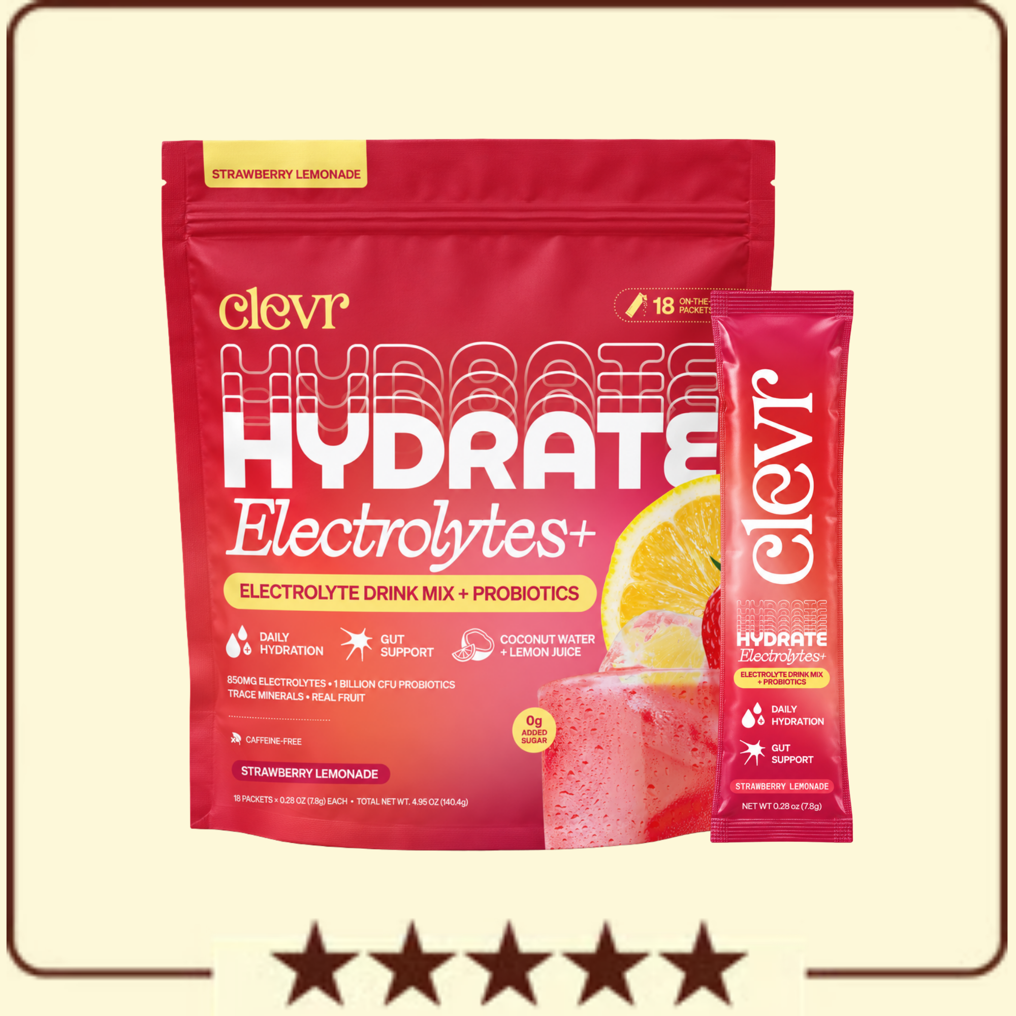 A pouch and packet of Clevr Hydrate Electrolytes+ Strawberry Lemonade mix beside a glass of the drink.