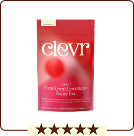 Red package of 'clevr' Strawberry Lemonade SuperTea with a star rating below.