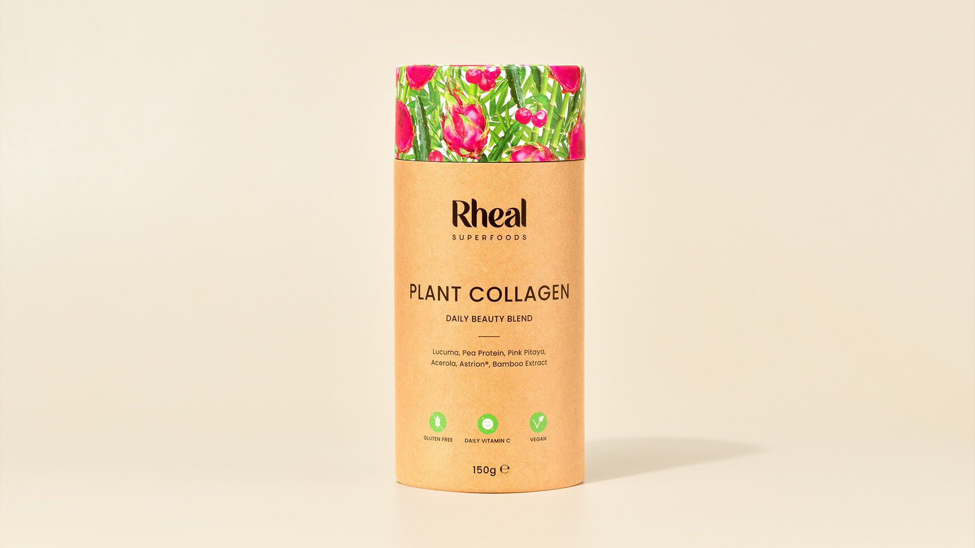 A cardboard tube of Rheal Superfoods Plant Collagen against a plain, off-white background.