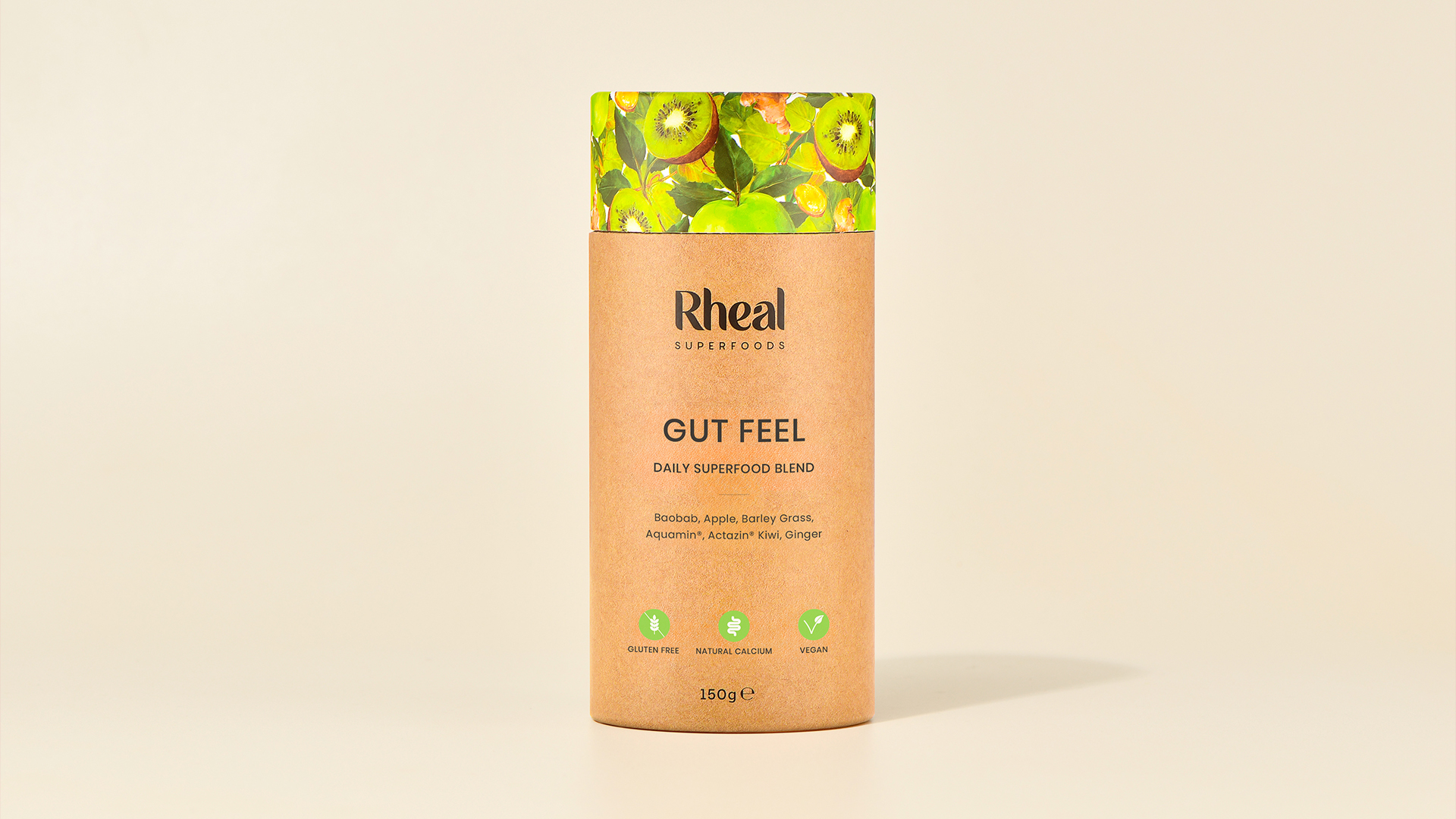 Container of Rheal Superfoods Gut Feel blend with a colorful kiwi design on top.