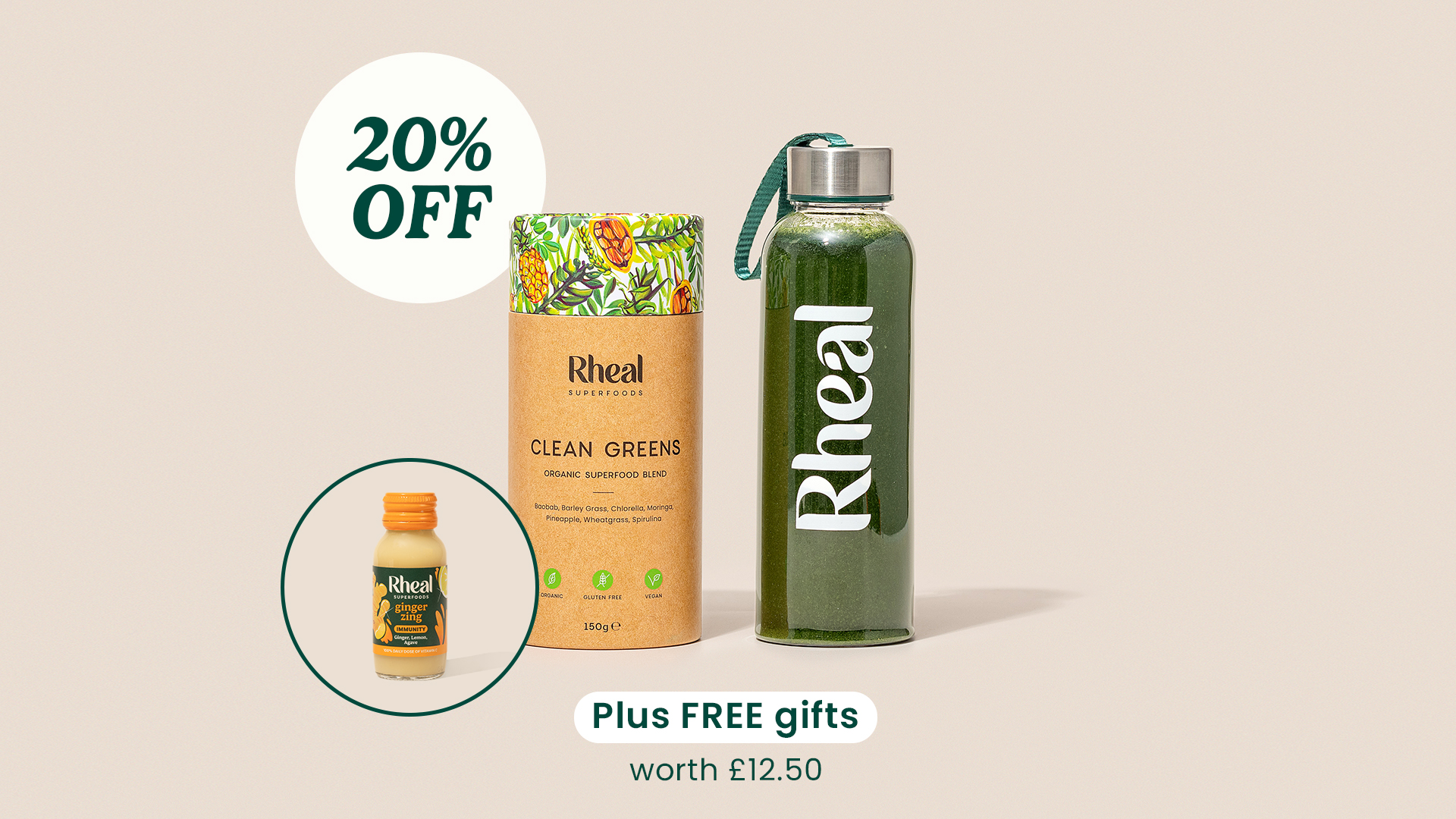 Rheal Clean Greens powder with a bottle of green juice and a small ginger shot, advertised with a discount.