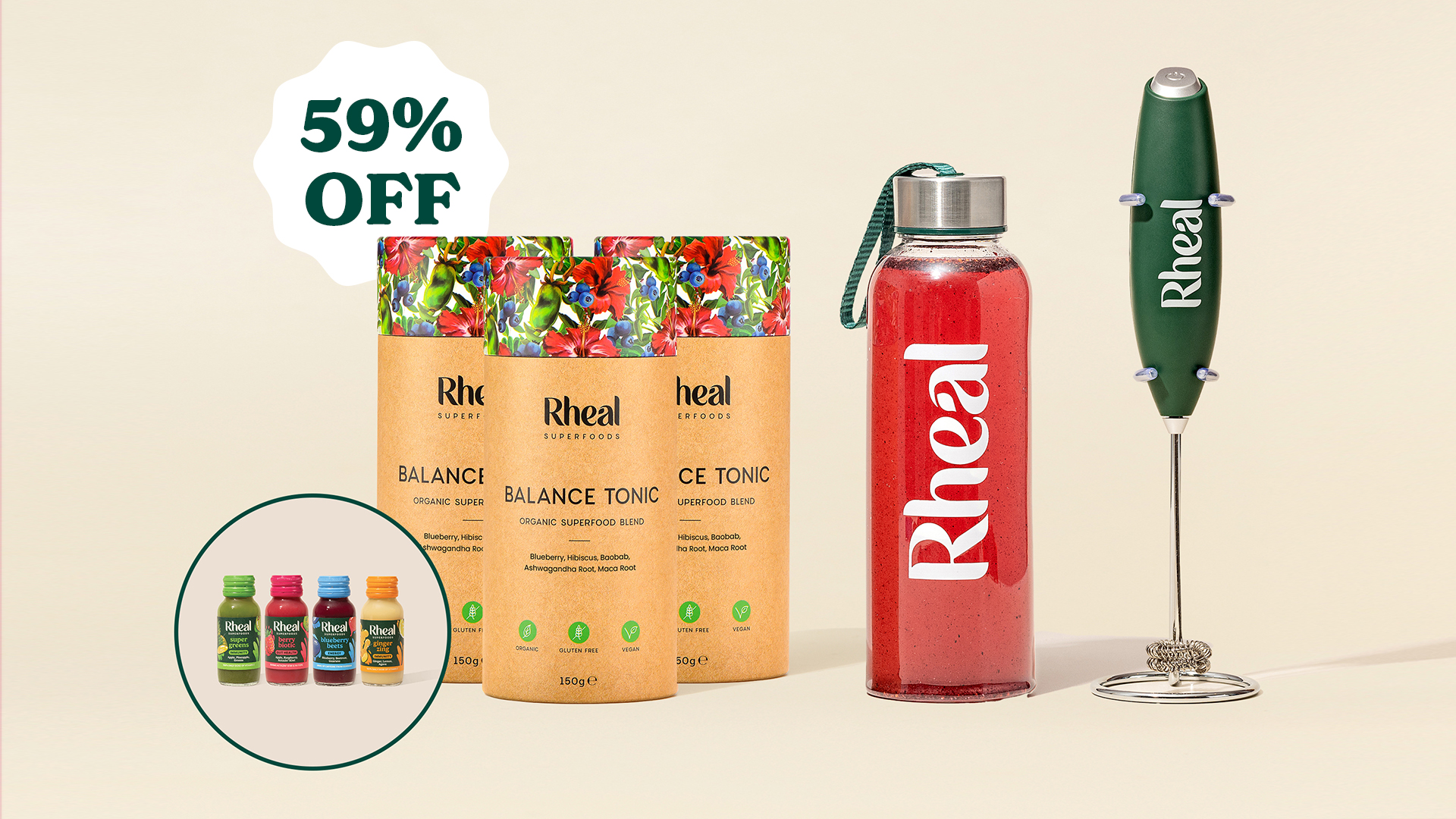 Rheal superfood products with a 59% off label, including bottles and a mixer.