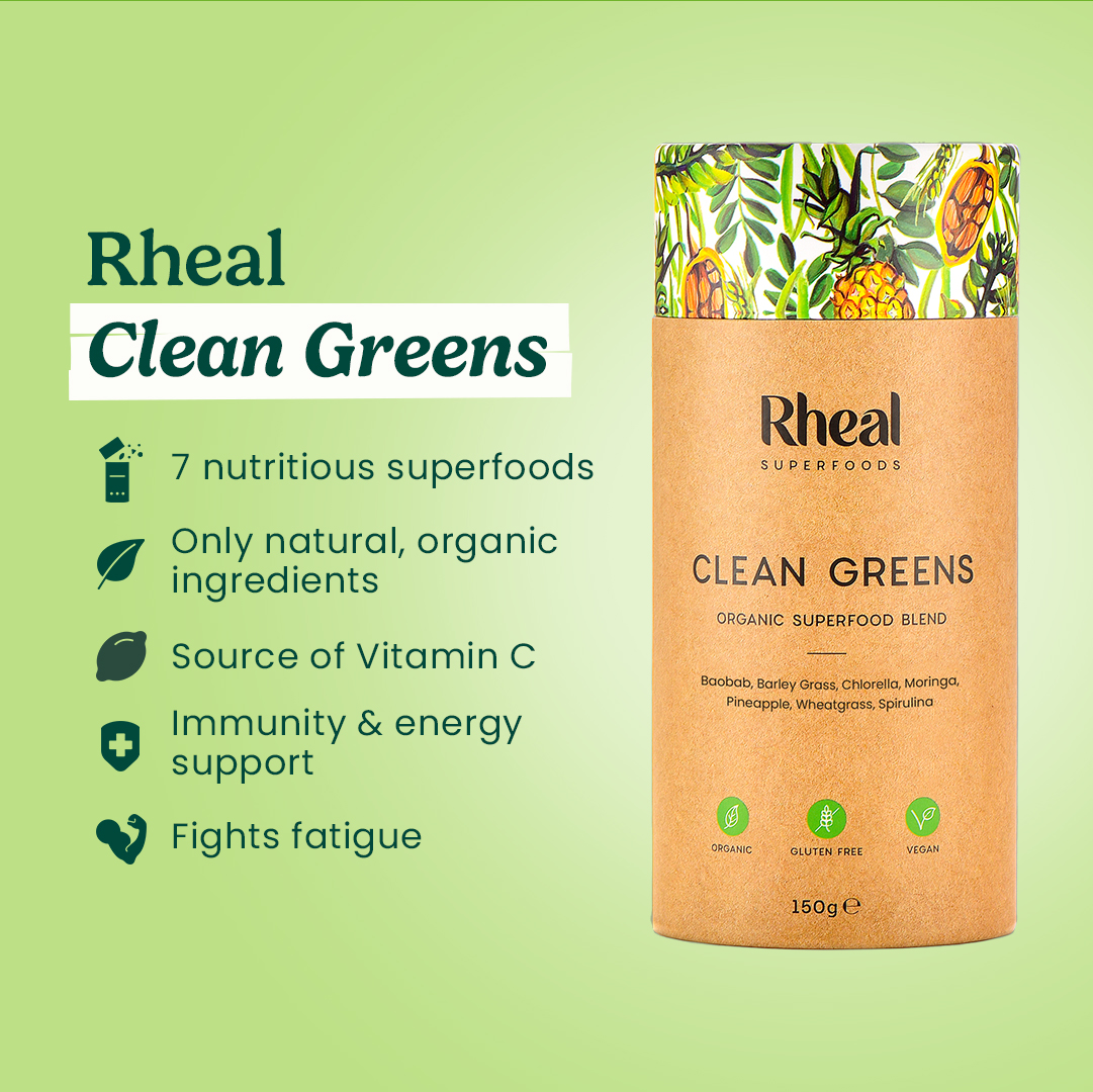Rheal Clean Greens superfood blend packaging with benefits listed on a green background.