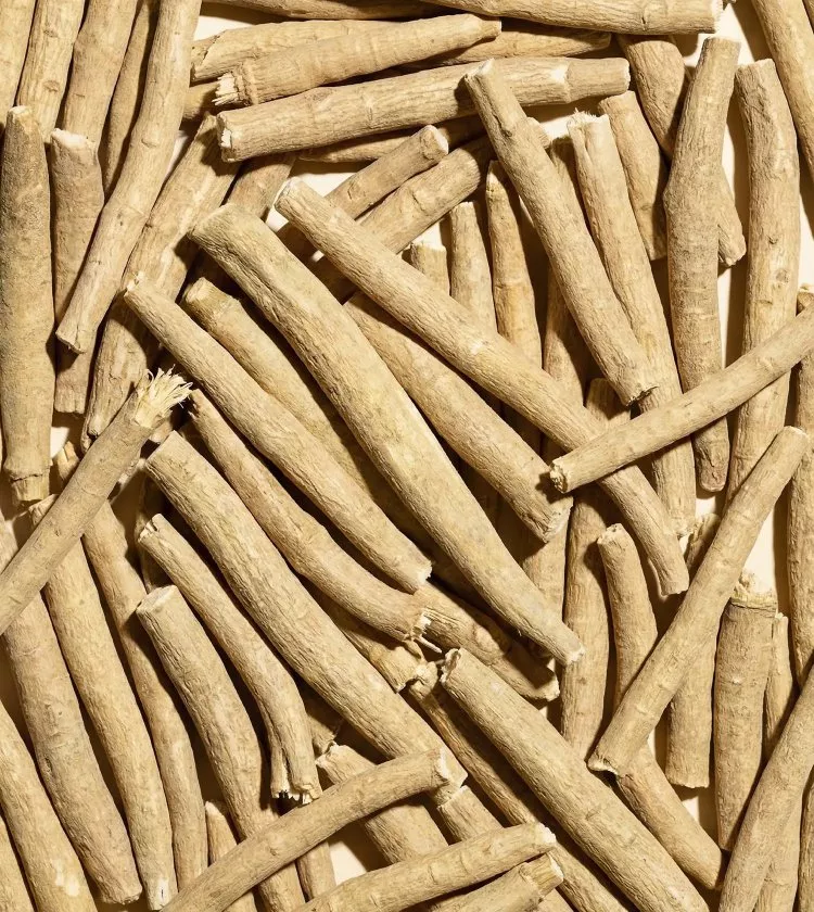 An overhead, close-up view of a pile of dried, light brown woody roots.
