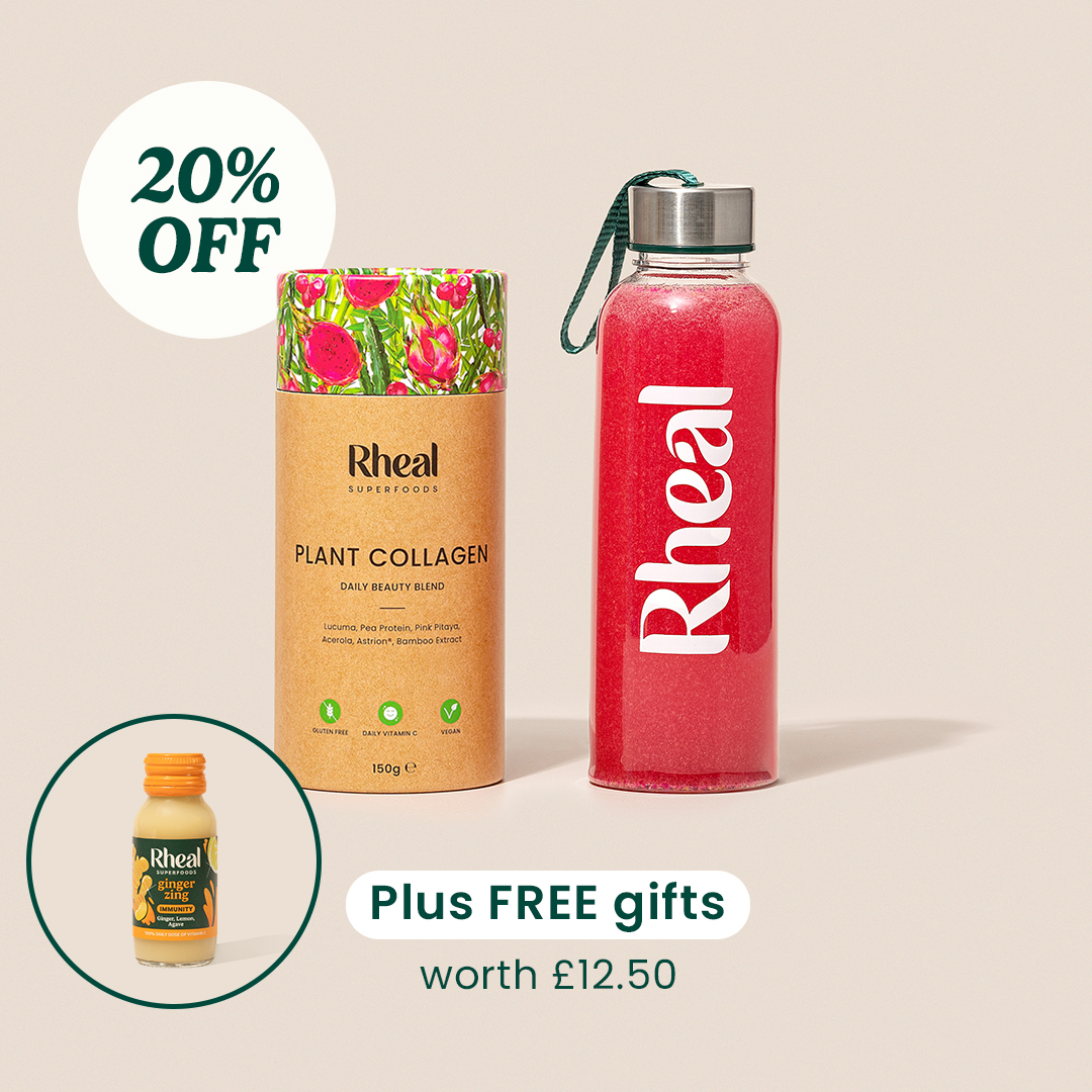 Rheal Plant Collagen, a red branded bottle, and a small ginger shot with text announcing a 20% off deal.