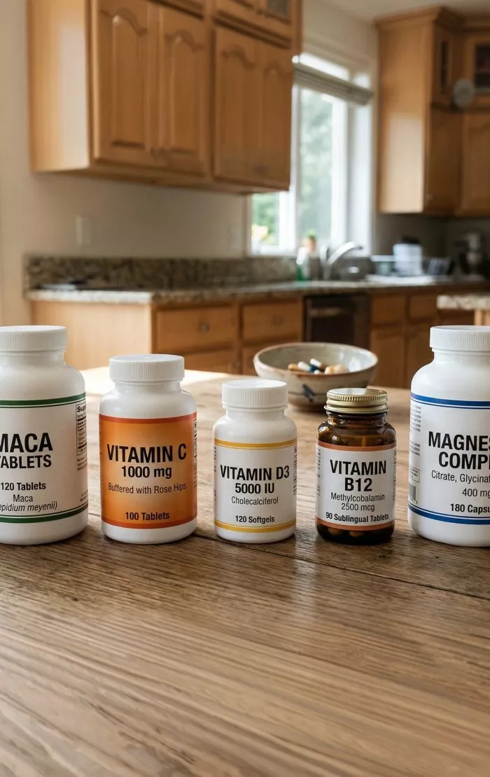 A row of vitamin and supplement bottles lined up on a wooden table in a kitchen.