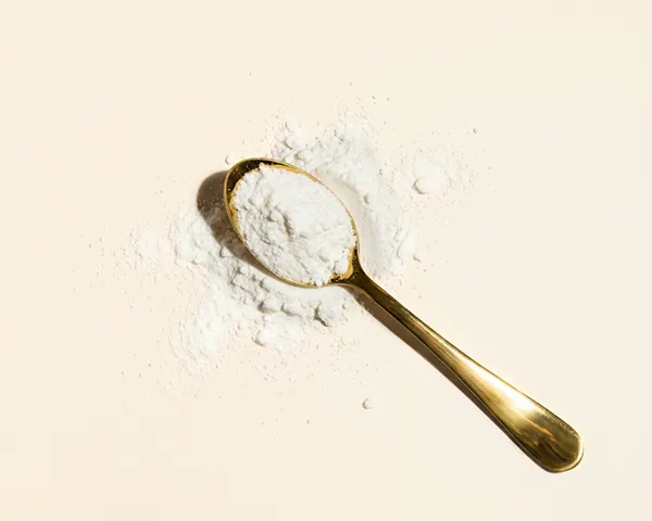 A close-up, overhead shot of a golden spoon holding white powder on a cream-colored background.