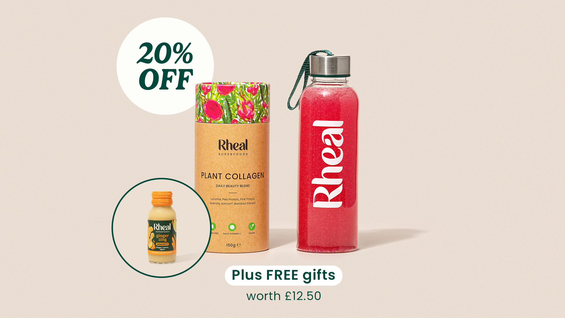 An advertisement for Rheal superfoods, showing plant collagen powder, a branded bottle, and a ginger shot.