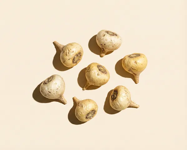 Seven maca roots are arranged in a circle on a cream-colored background, casting harsh shadows.