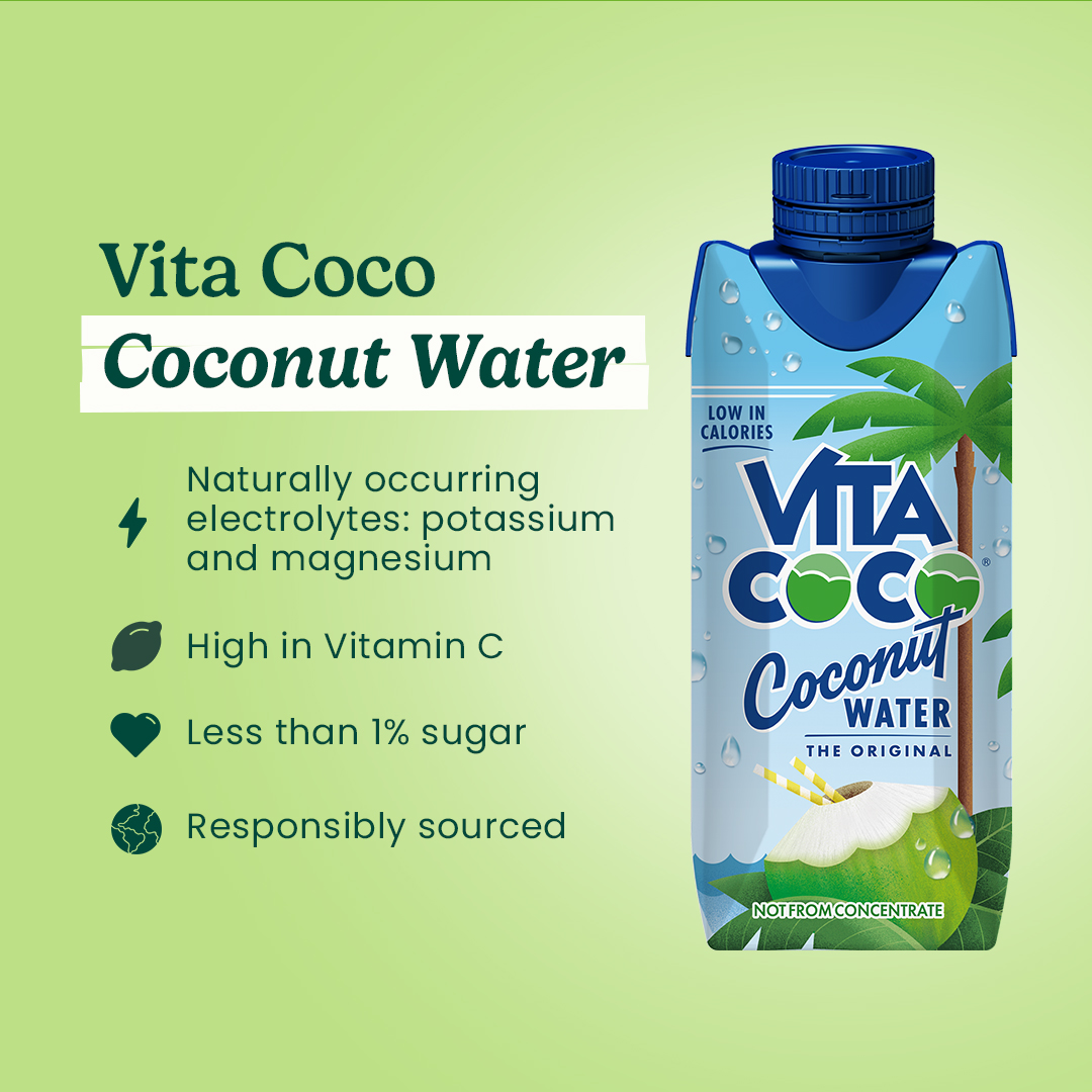 Vita Coco coconut water packaging with health benefits listed on a green background.