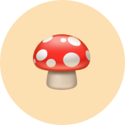 A red and white spotted mushroom emoji on a circular tan background.