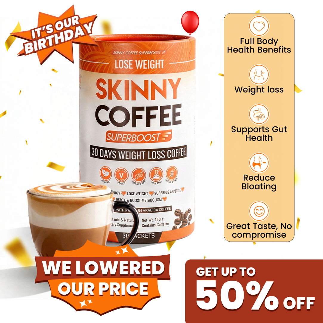 A promotional image for Skinny Coffee, showing the product canister next to a cup of coffee.