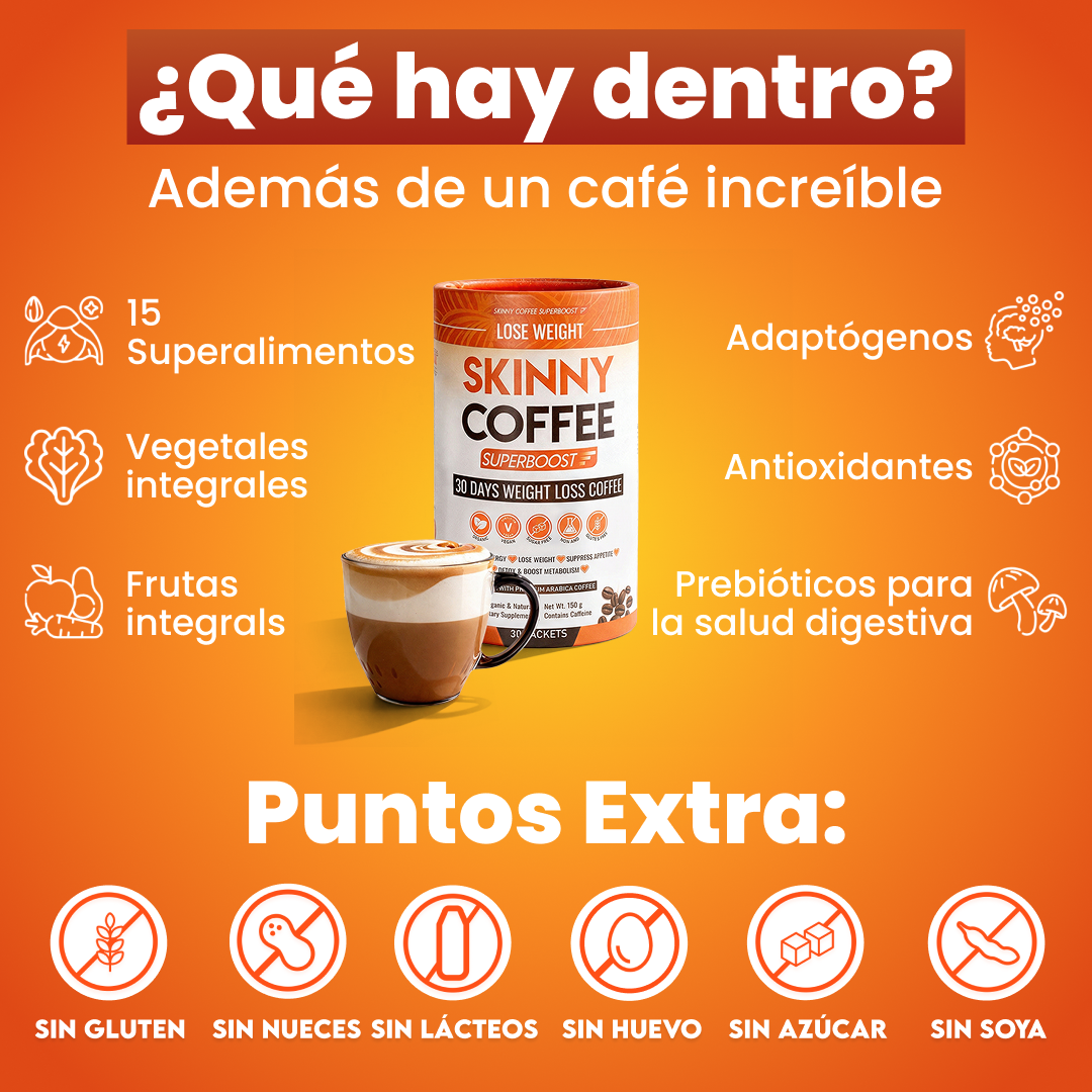A promotional graphic in Spanish for Skinny Coffee, highlighting its ingredients and health benefits next to the product.