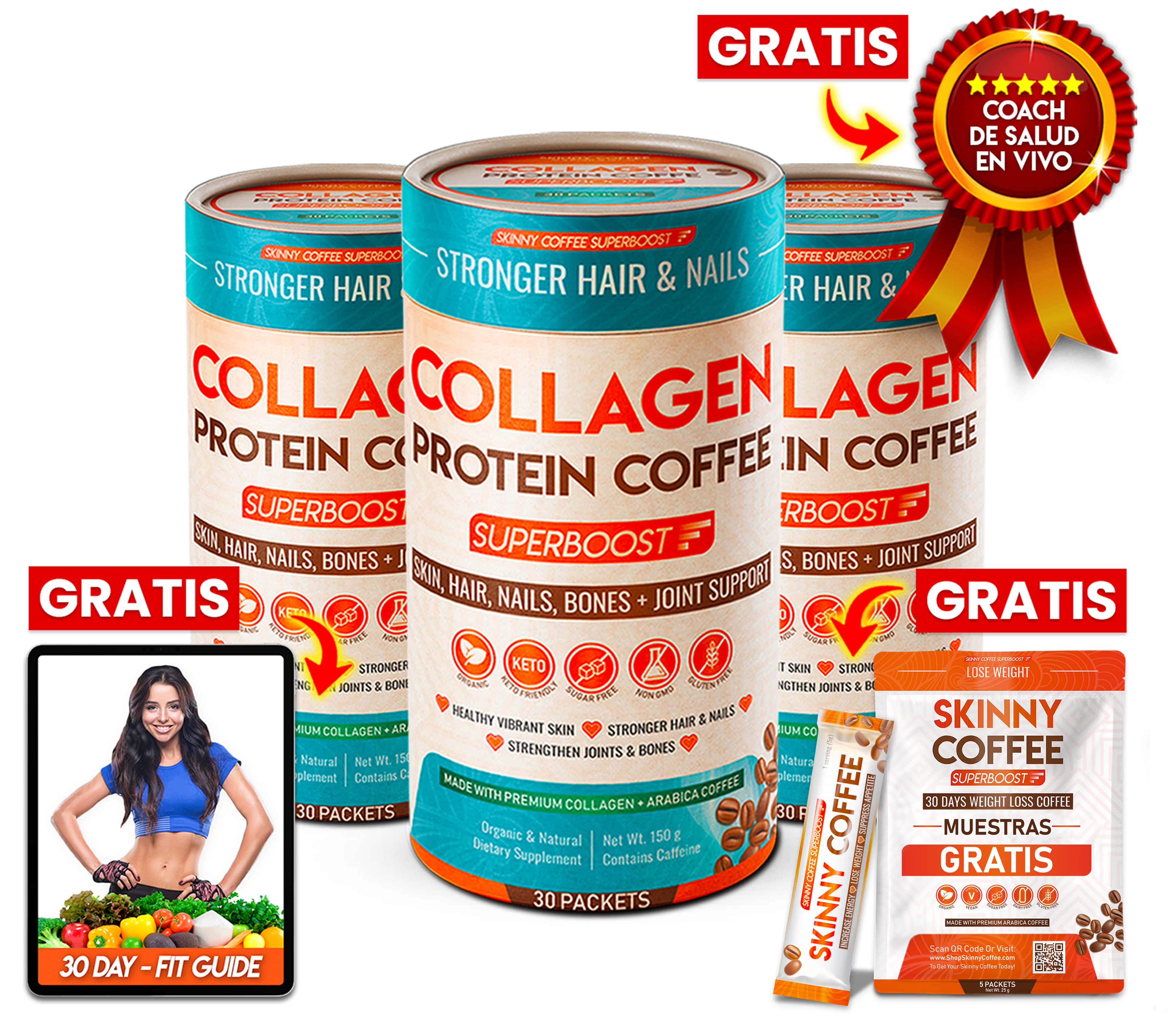Collagen protein coffee cans with promotional labels and a fitness guide image.