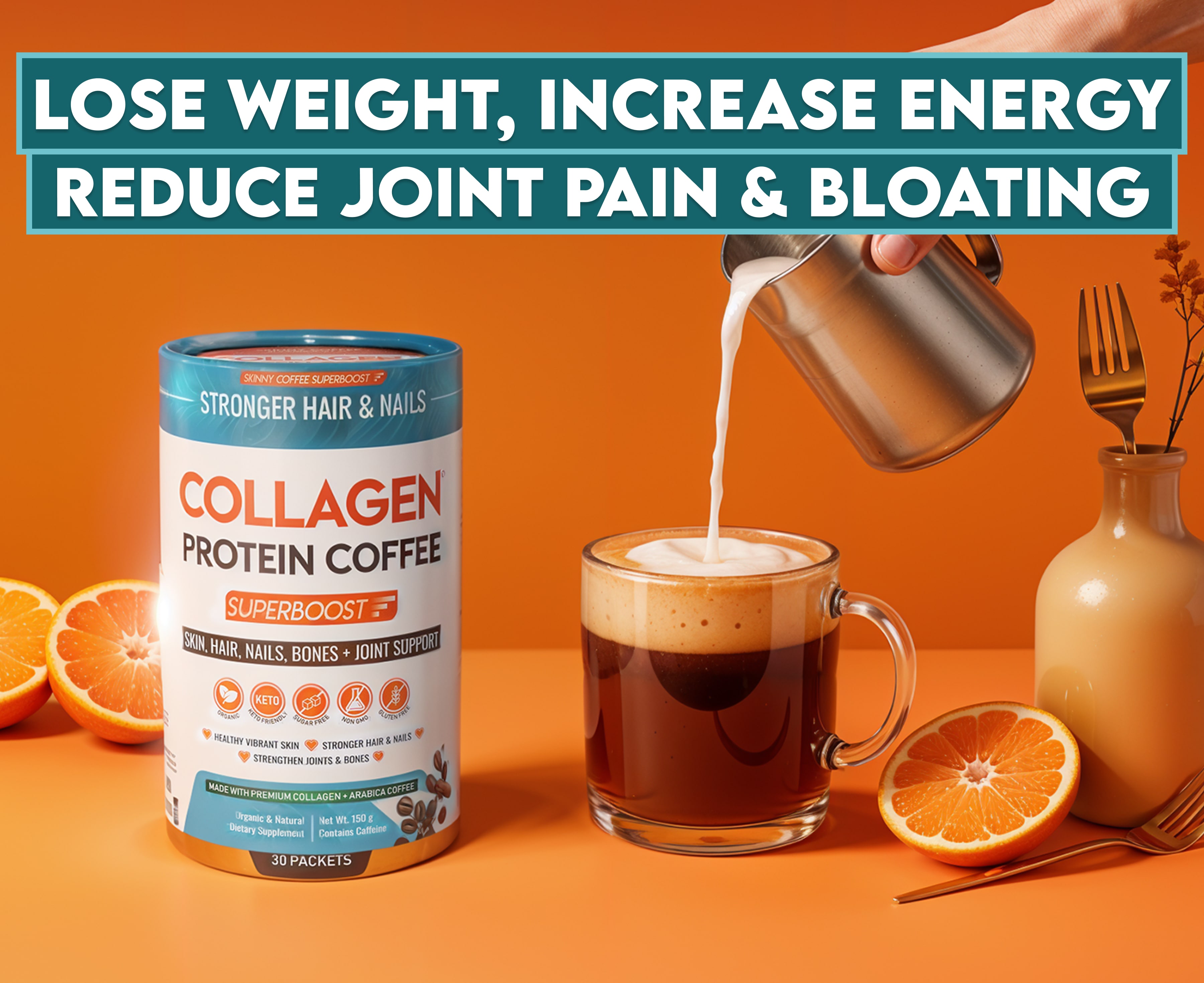 Collagen Protein Coffee con 2 Sachets, un Capuchino al Costado, Jengibre, Canela, Cúrcuma y Menta detrás.s