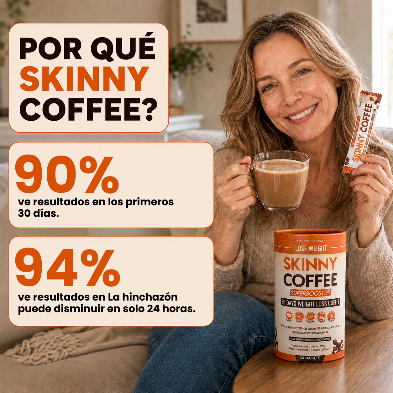 A woman smiles while holding a cup of coffee and a packet of Skinny Coffee product.