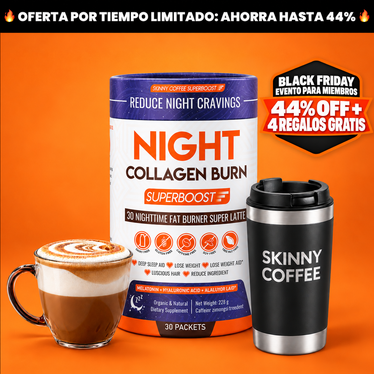 A promotional image for Night Collagen Burn Superboost with a travel mug and a frothy coffee drink.