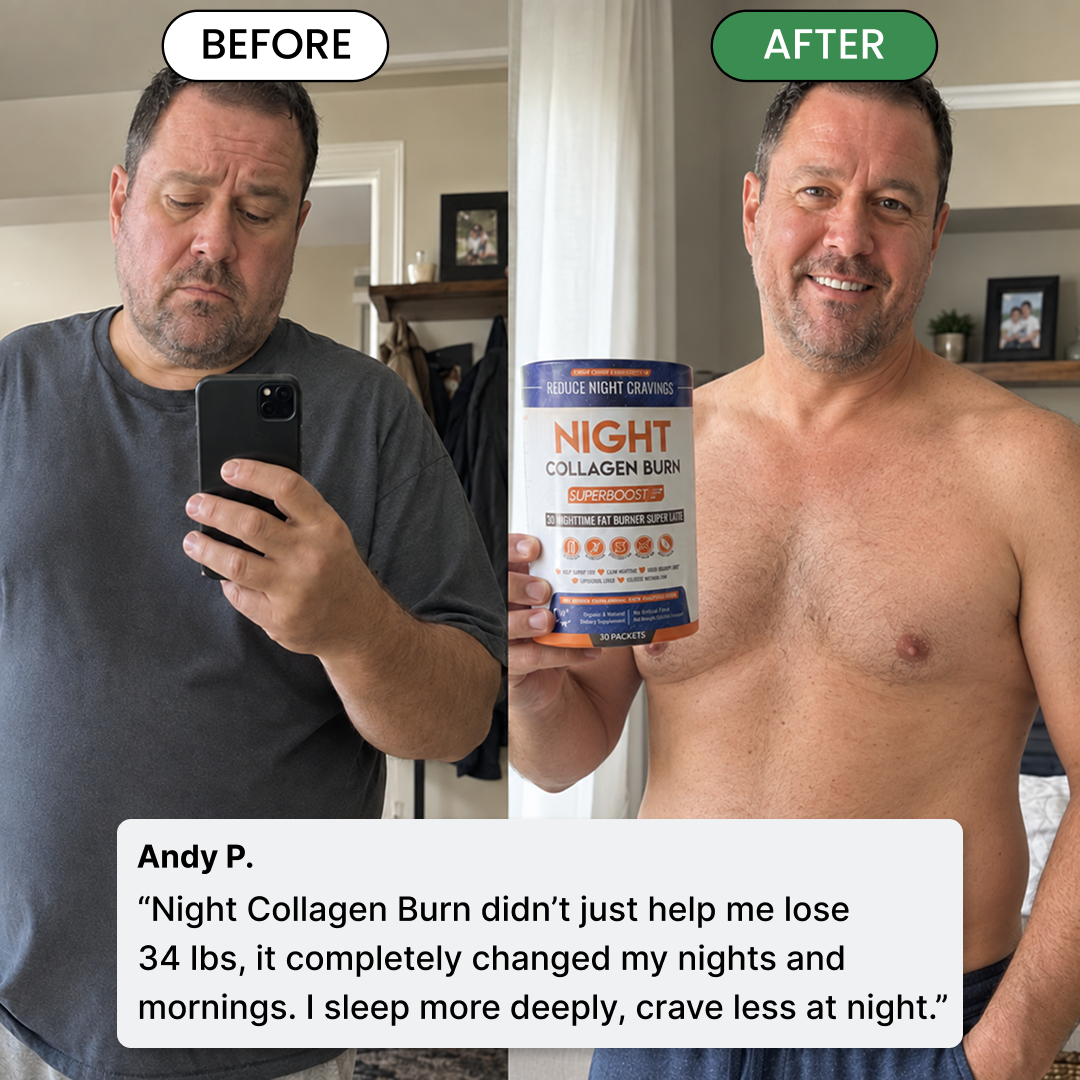 A before-and-after image of a man's weight loss transformation, holding a supplement container in the after photo.