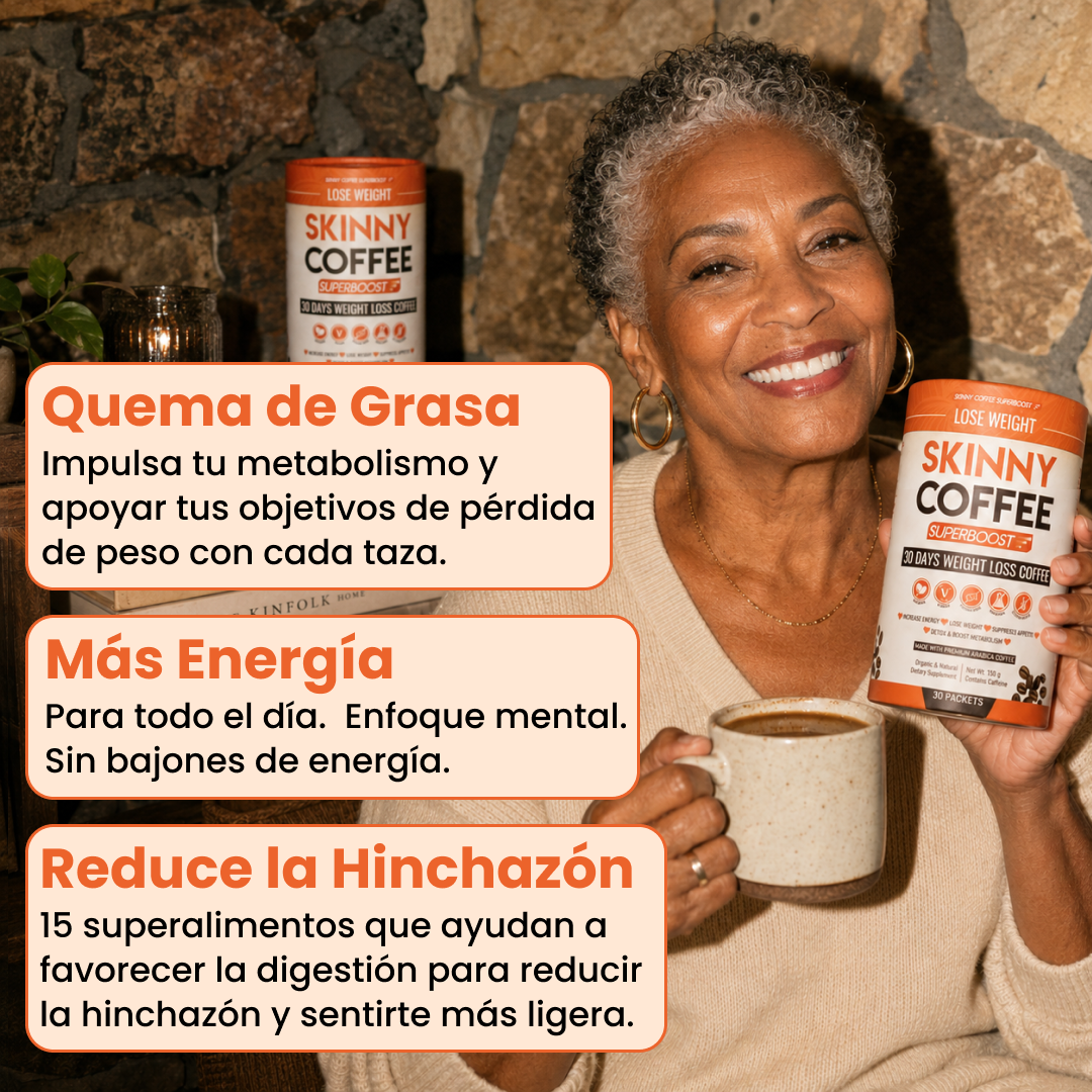 A smiling woman holds a canister of Skinny Coffee and a mug of coffee.