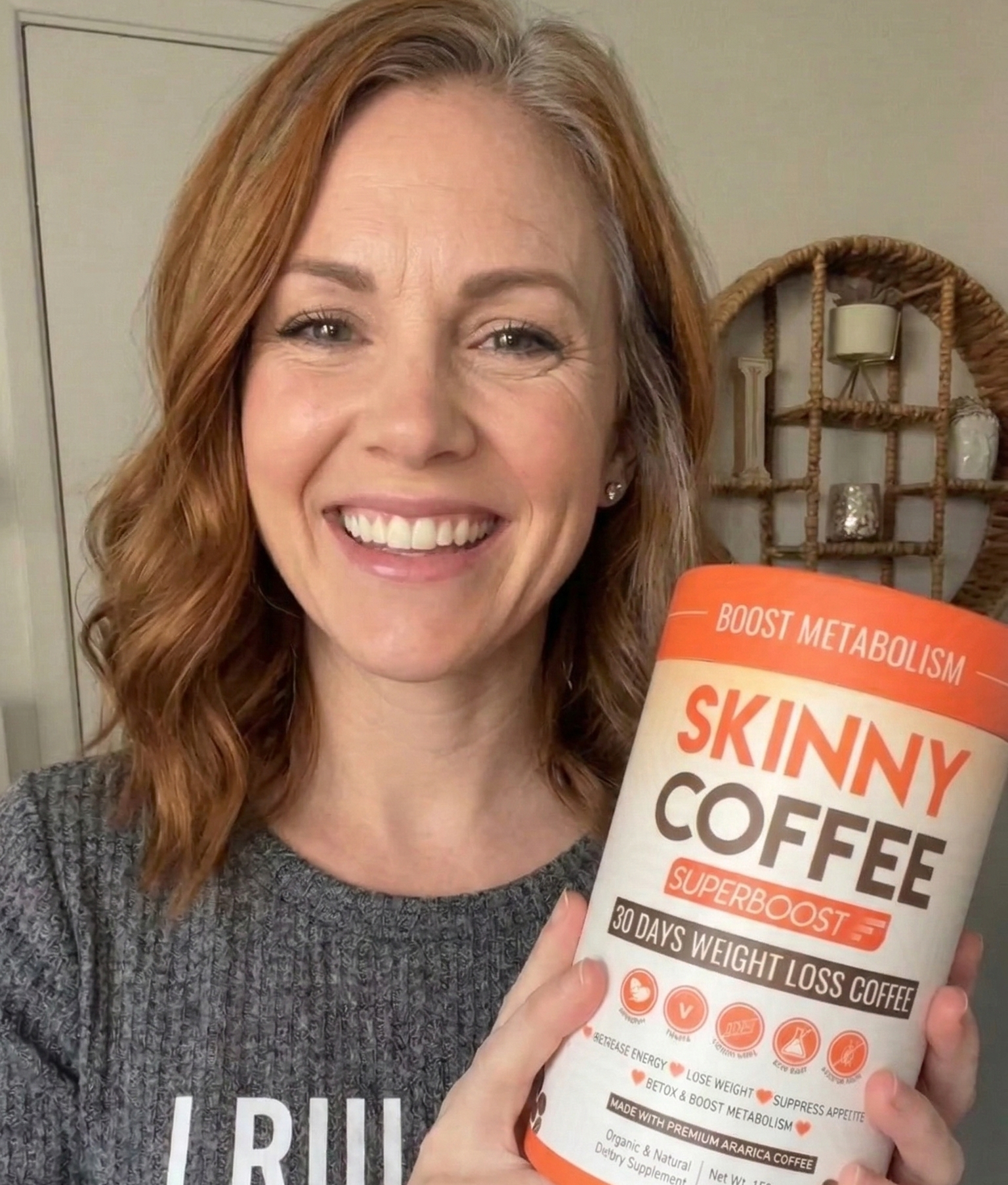 Elderly blonde woman with Skinny Coffee.