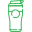 A green line-art icon of a disposable coffee cup with a lid and a circular emblem.