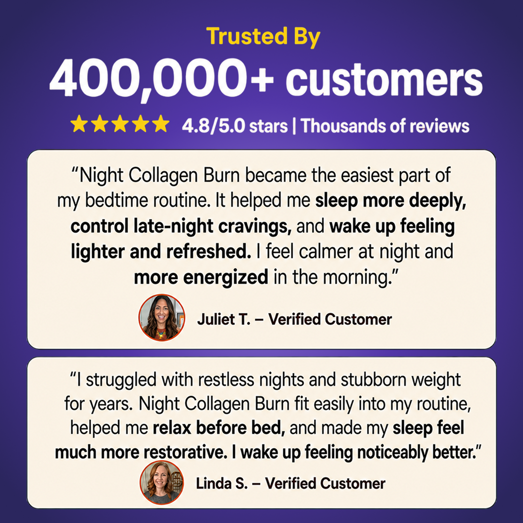 Promotional graphic with customer testimonials and a 4.8/5.0 star rating for a product called Night Collagen Burn.