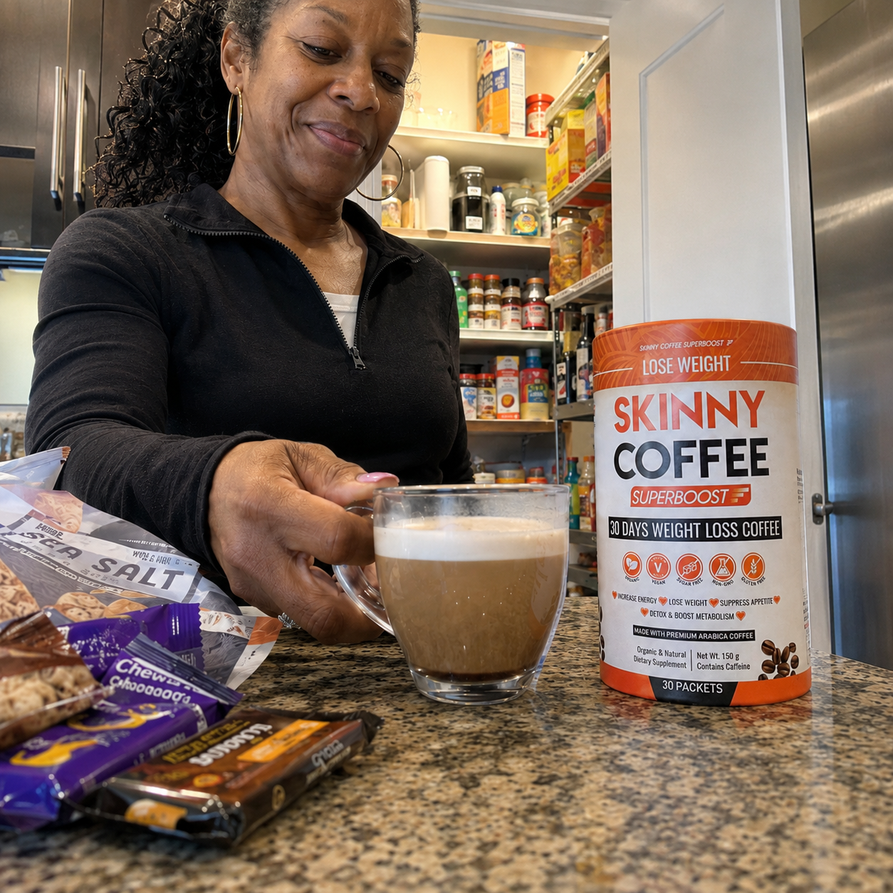A woman in a kitchen holds a cup of foamy coffee next to a container of Skinny Coffee.