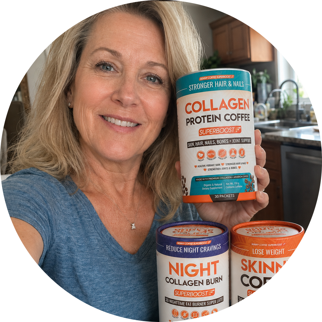Blonde woman's face with Skinny Coffee