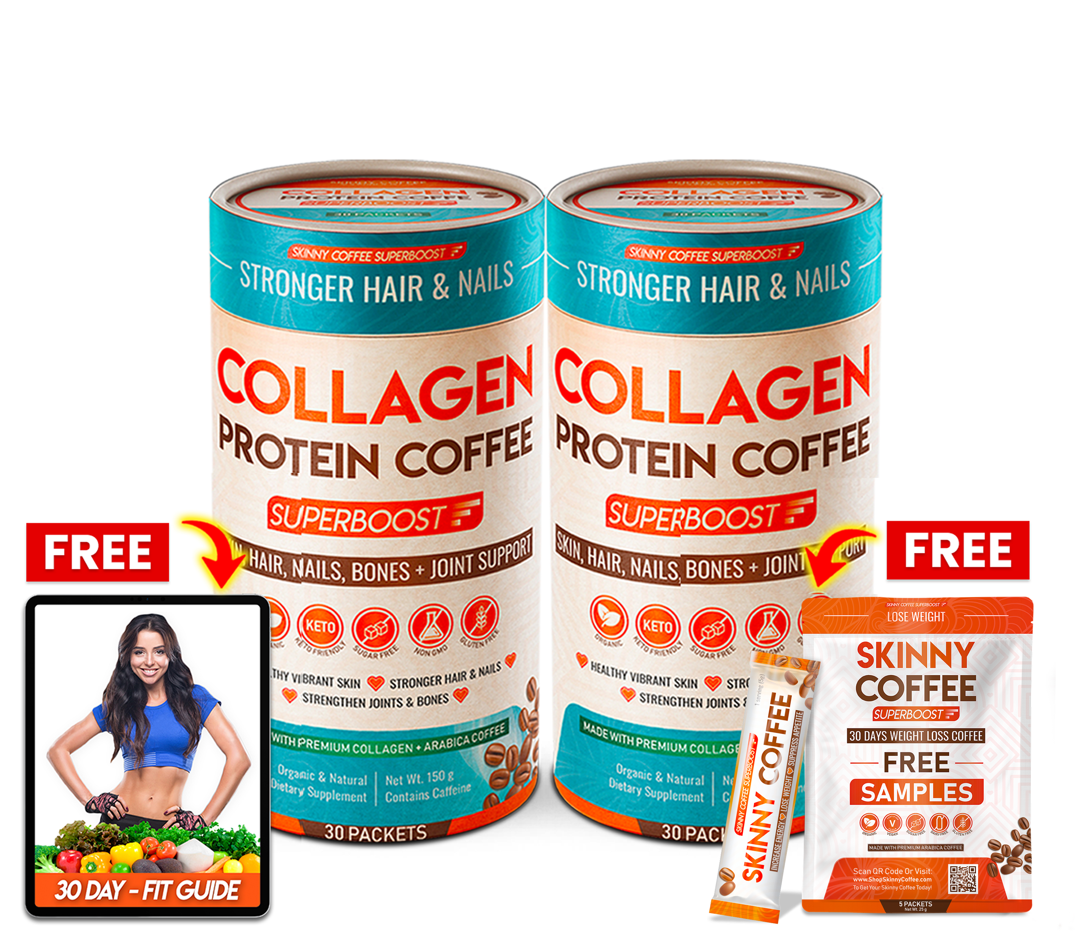 Two cans of collagen protein coffee with free samples and a fitness guide.