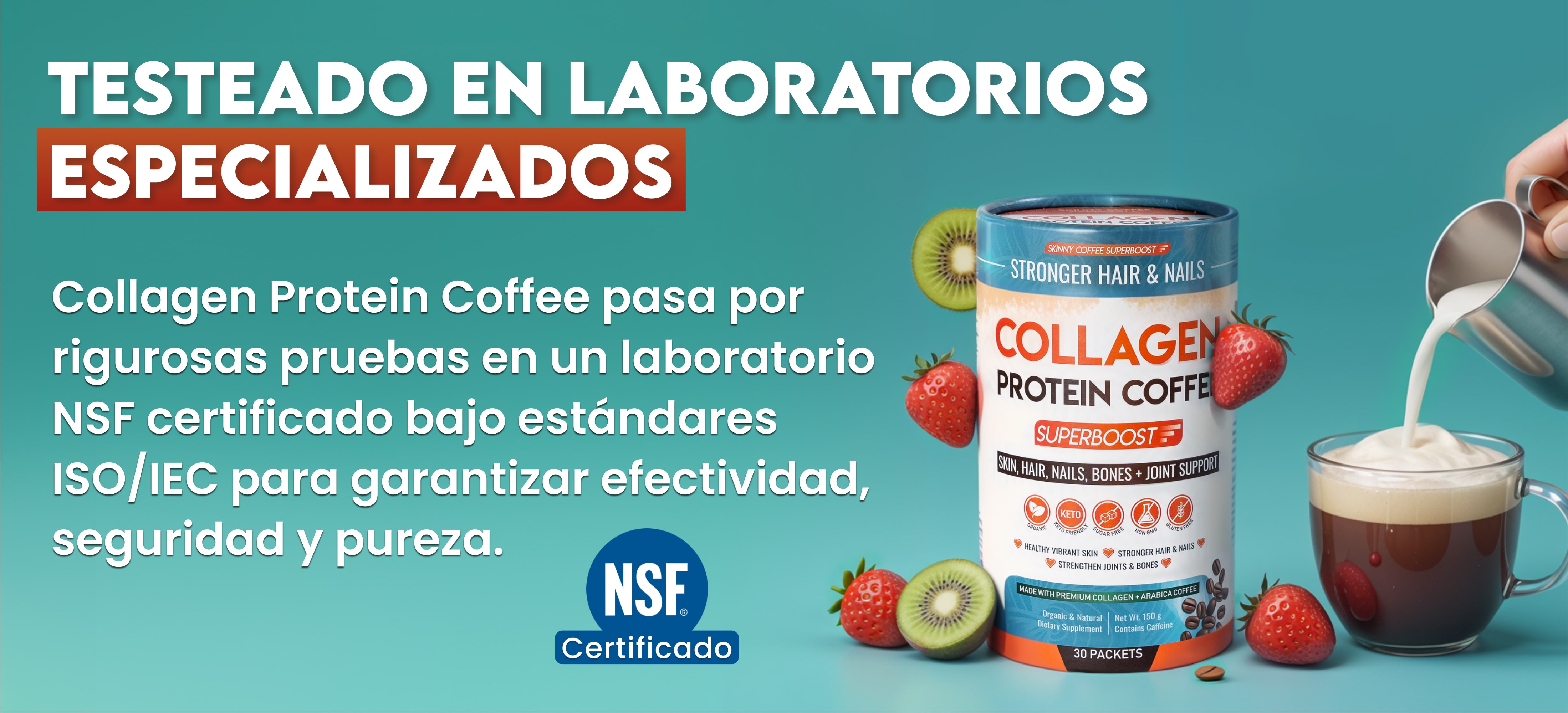 Collagen Protein Coffee container with strawberries, kiwi, and milk being poured into a glass of coffee.