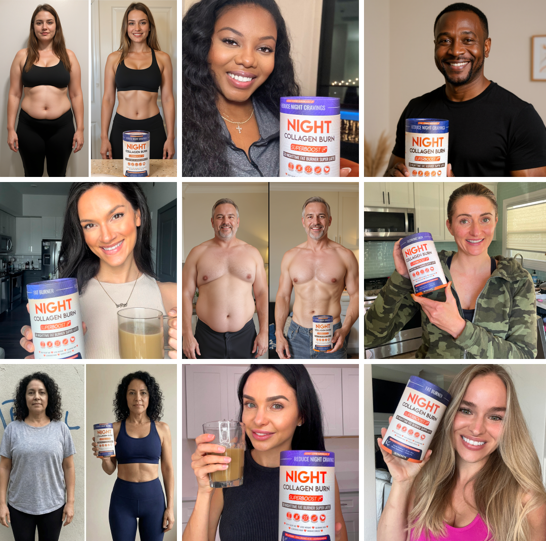 A collage of before-and-after photos of diverse people holding a container of Night Collagen Burn supplement.