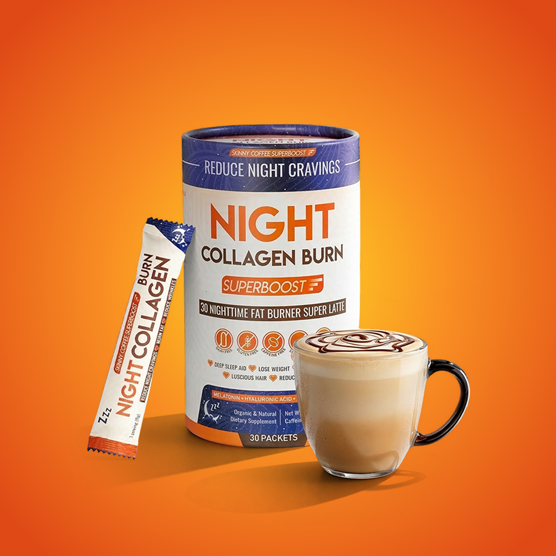 A container and packet of Night Collagen Burn Superboost next to a frothy latte on an orange background.