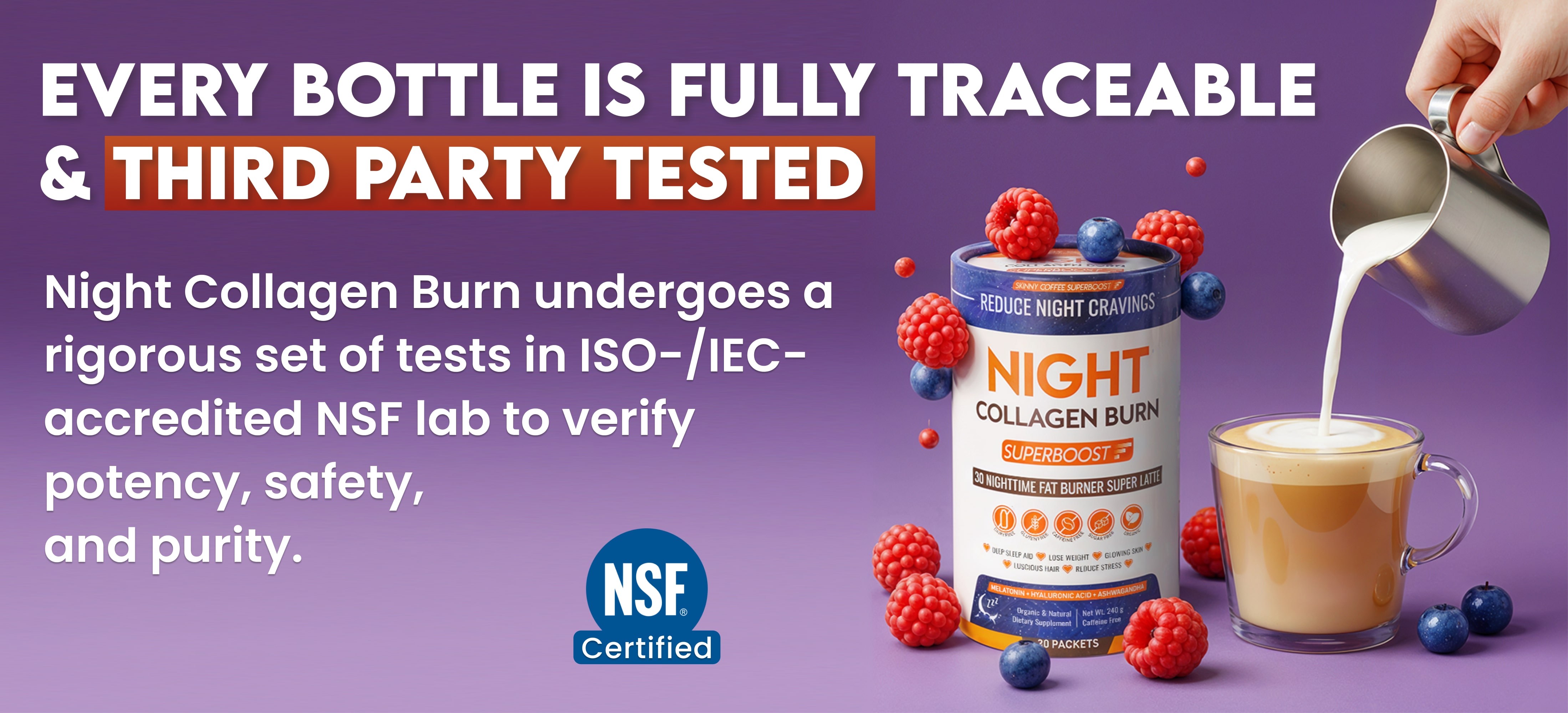 Night Collagen Burn product with berries and milk being poured into a cup.