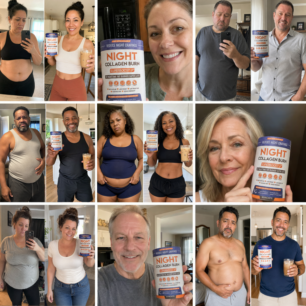 A collage of before-and-after photos of people holding a container of Night Collagen Burn supplement.