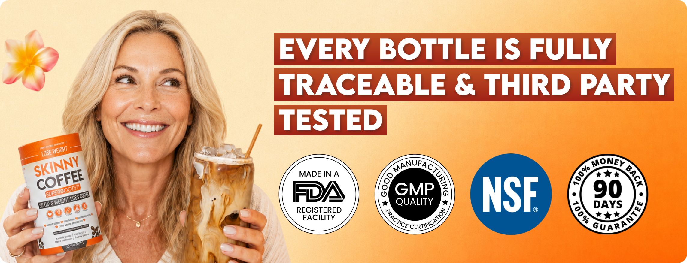 Skinny Coffee product with text about testing and certification, alongside a cup being filled with milk.