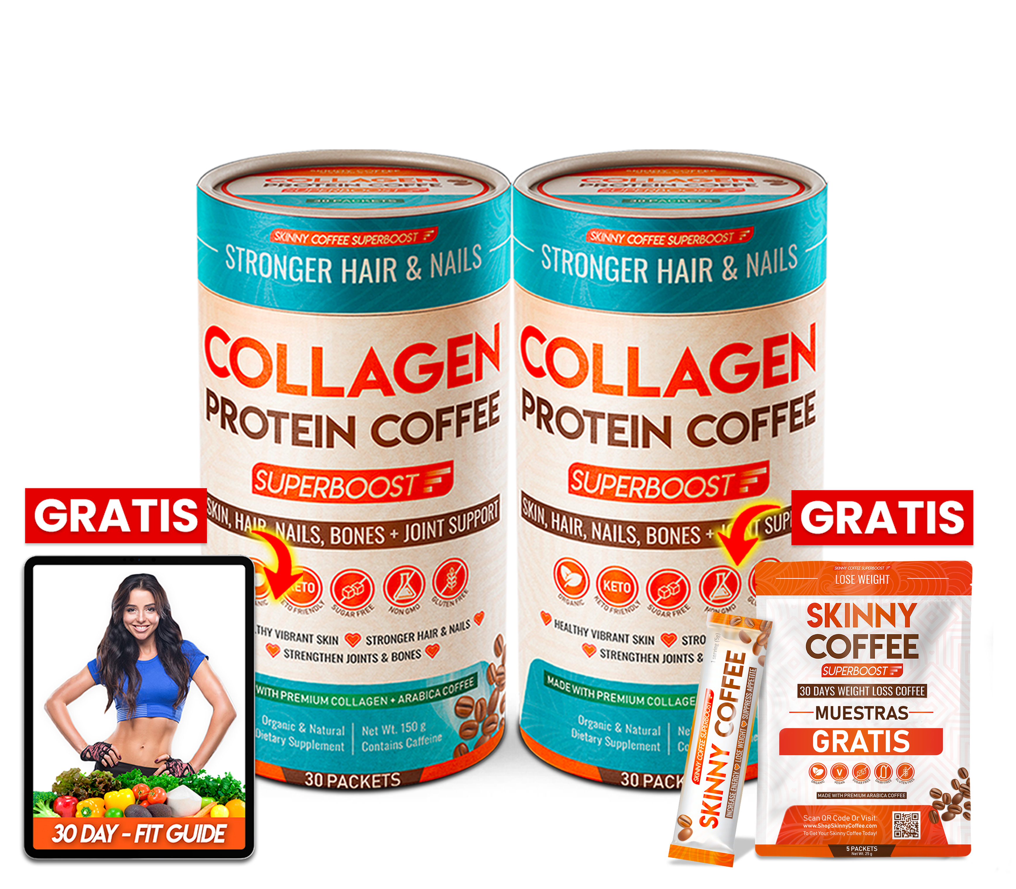 Two cans of collagen protein coffee with promotional fitness guide and sample pack.