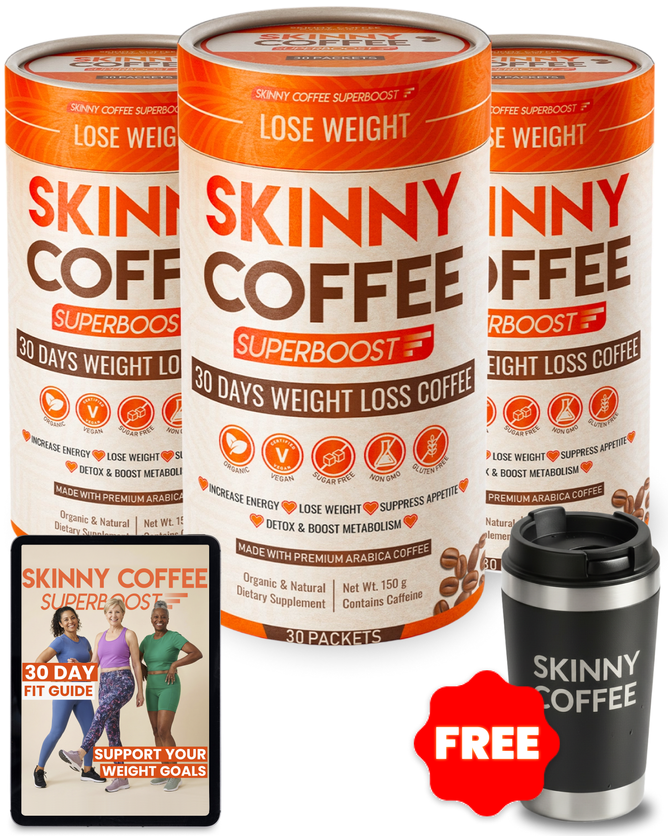 Three containers of Skinny Coffee Superboost with a free travel mug and a 30-day fit guide on a tablet.