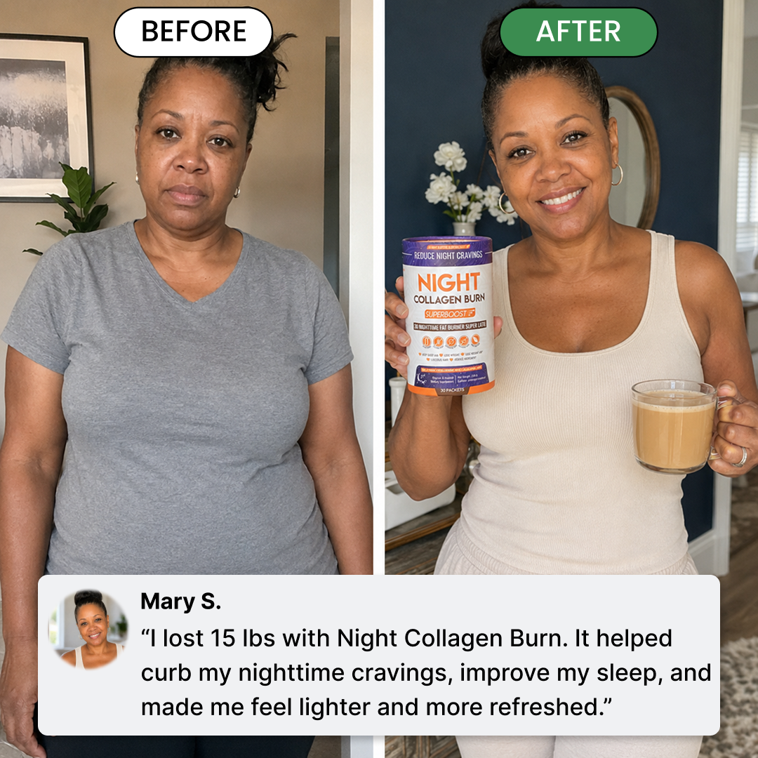 A side-by-side before and after image of a woman, holding a container of Night Collagen Burn.
