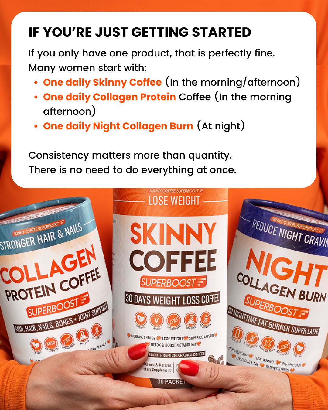 An advertisement showing three different Skinny Coffee Superboost supplement products held by a person.