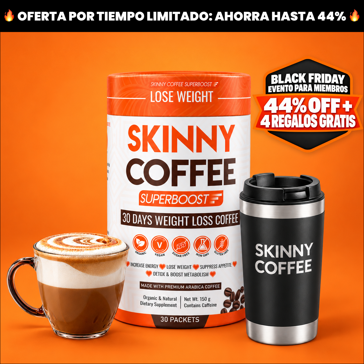 A canister of Skinny Coffee Superboost next to a branded travel mug and a glass of coffee.