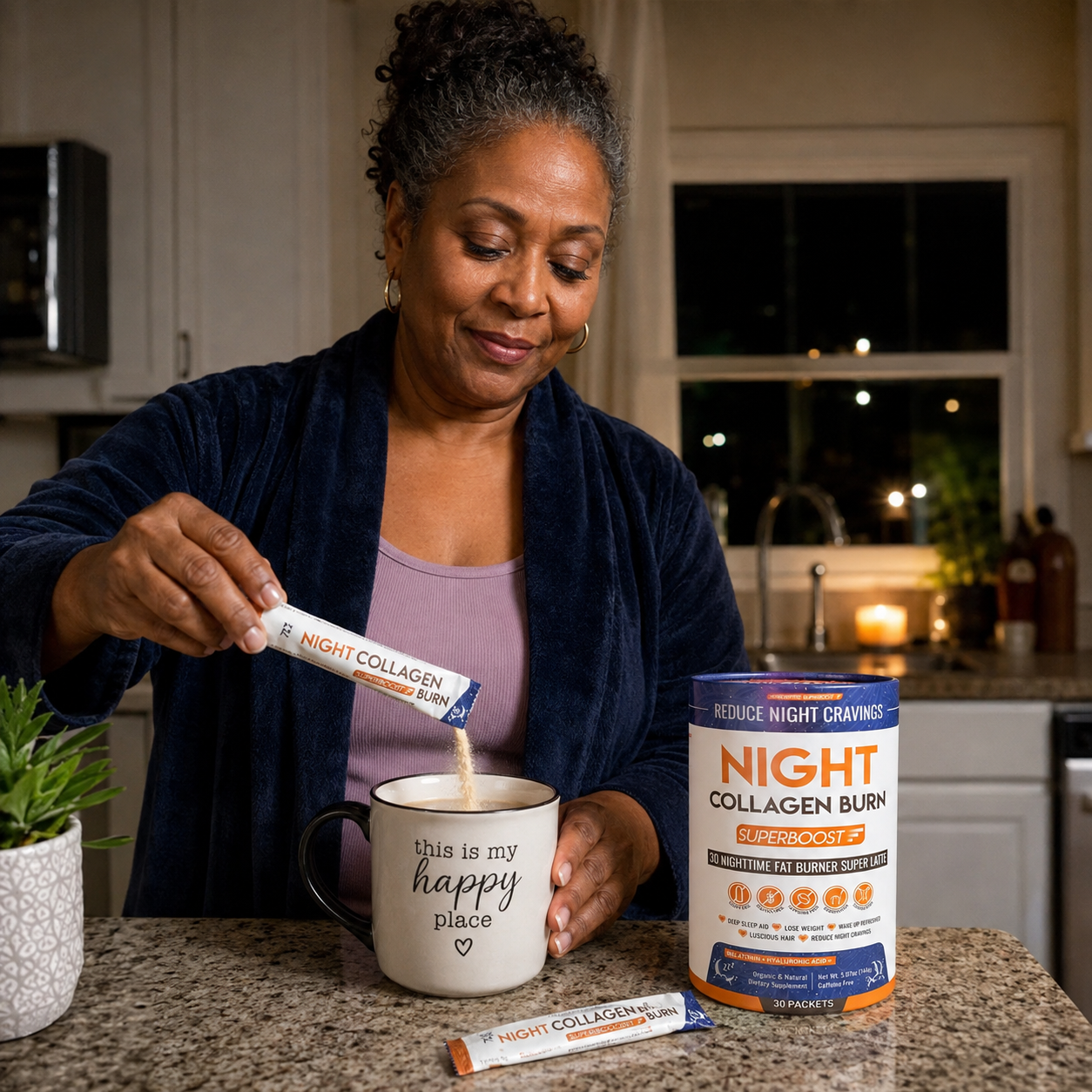 A woman in a blue robe sits in bed holding a mug next to a container of Night Collagen Burn.