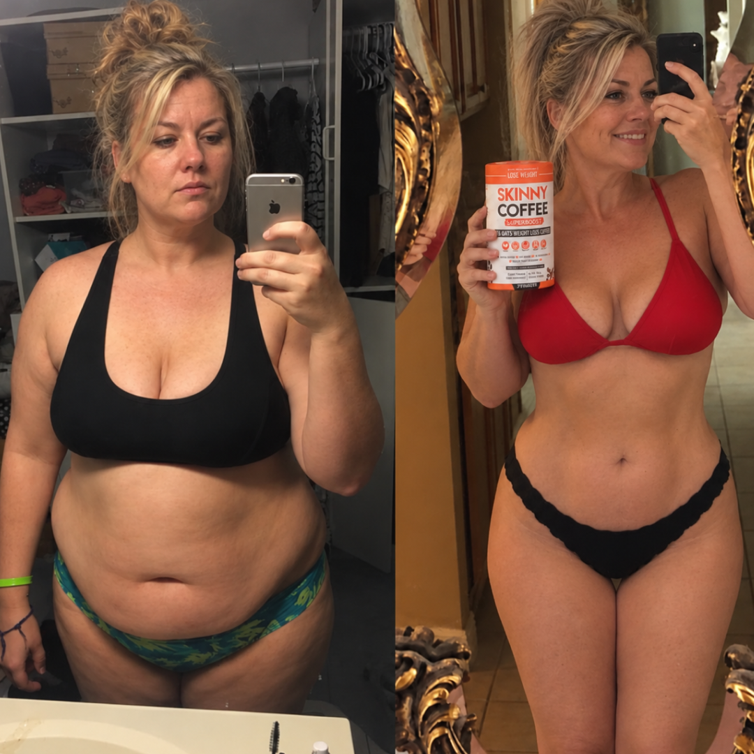 A side-by-side before and after photo of a woman's weight loss transformation.